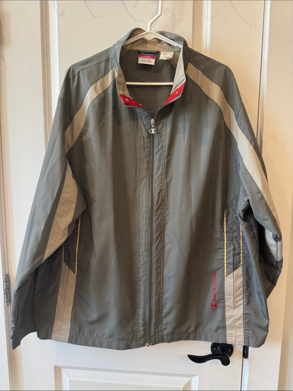Champion Gray and Cream Men’s Windbreaker Lightweight Jacket with Red Trim
